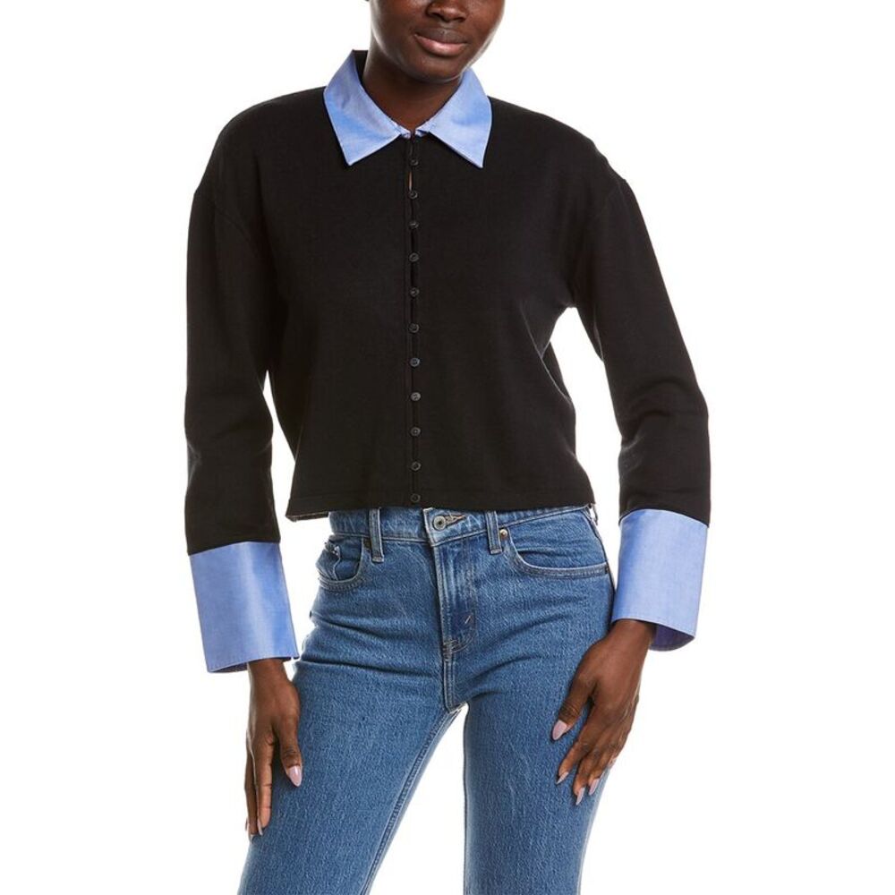 Naadam Womens  Mixed Media Button Down Cashmere-Blend Shirt, Black